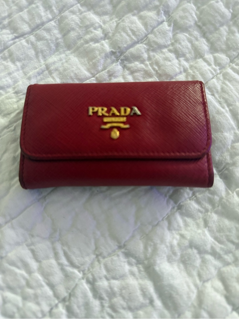 Prada Burgundy Saffiano Leather Key & Card Holder with Gold Logo